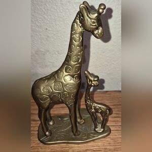 Vintage Brass Giraffe Figurine Mother and Baby Approx 8 Inches Tall
